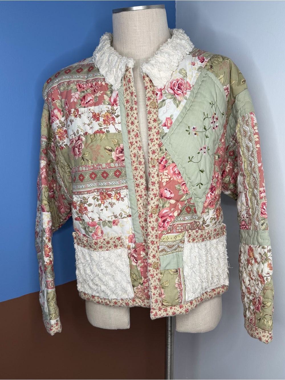 Handmade Repurposed Quilt Jacket Chenille Accents Pink Green Floral Button Up